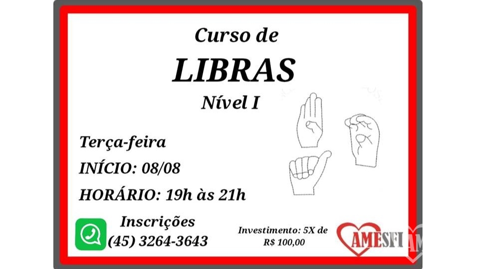 Imagem da postagem INSCRIÇÕES ABERTAS PARA O CURSO DE LIBRAS NÍVEL I NA AMESFI - 2023